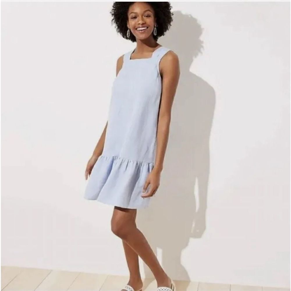 Loft blue linen blend flounce summer dress size S
